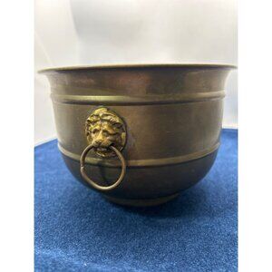 Vintage Brass Lion Head Decorative Bowl With Ring Handles